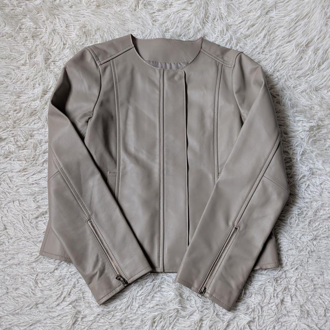 もりのがっこう　ラムレザーノーカラーブルゾン【ライトグレーベージュ】サイズL