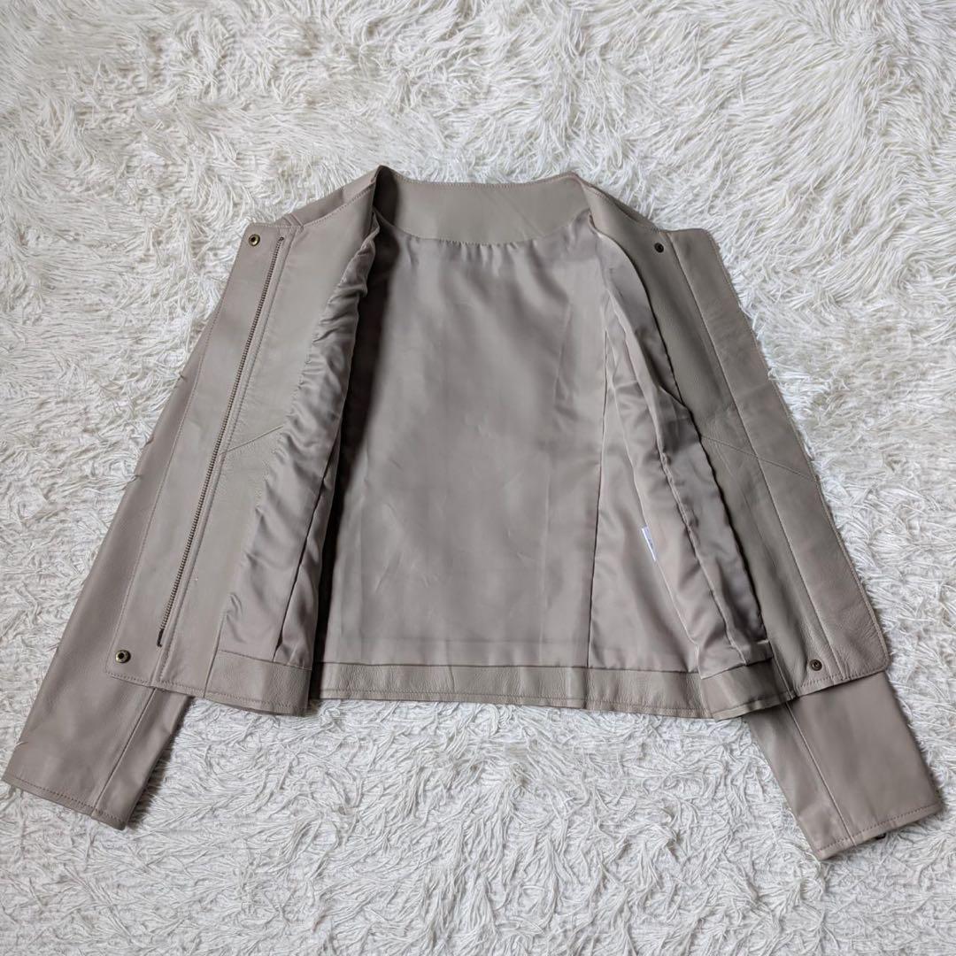 もりのがっこう　ラムレザーノーカラーブルゾン【ライトグレーベージュ】サイズL