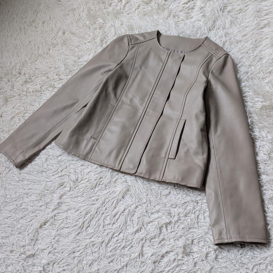 もりのがっこう　ラムレザーノーカラーブルゾン【ライトグレーベージュ】サイズL