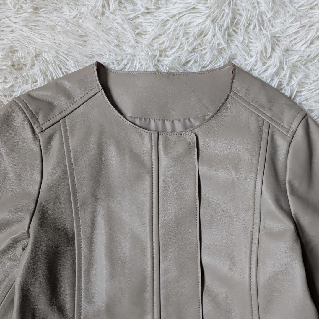 もりのがっこう　ラムレザーノーカラーブルゾン【ライトグレーベージュ】サイズL