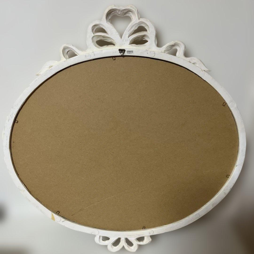 イタリア製　ホワイト 楕円形 壁掛け鏡 リボンデザイン