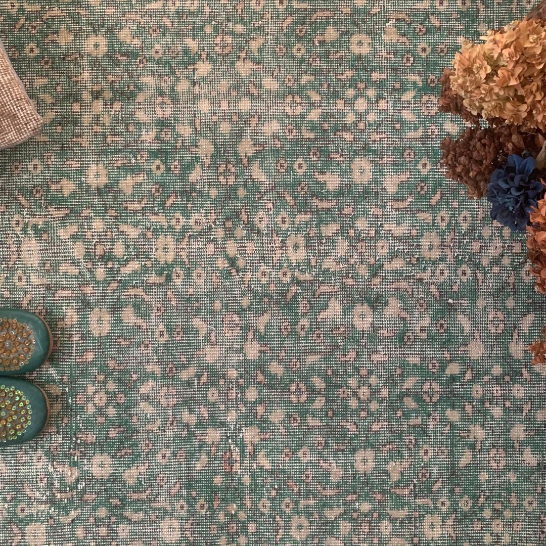 ピーコックグリーン　小花　ボタニカル 215×112 トルコヴィンテージラグ