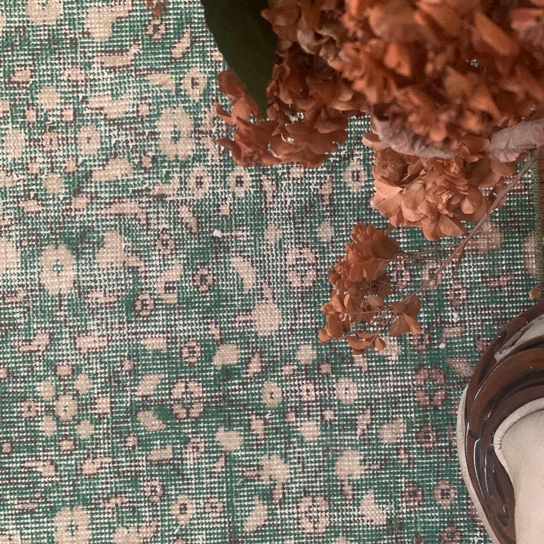 ピーコックグリーン　小花　ボタニカル 215×112 トルコヴィンテージラグ