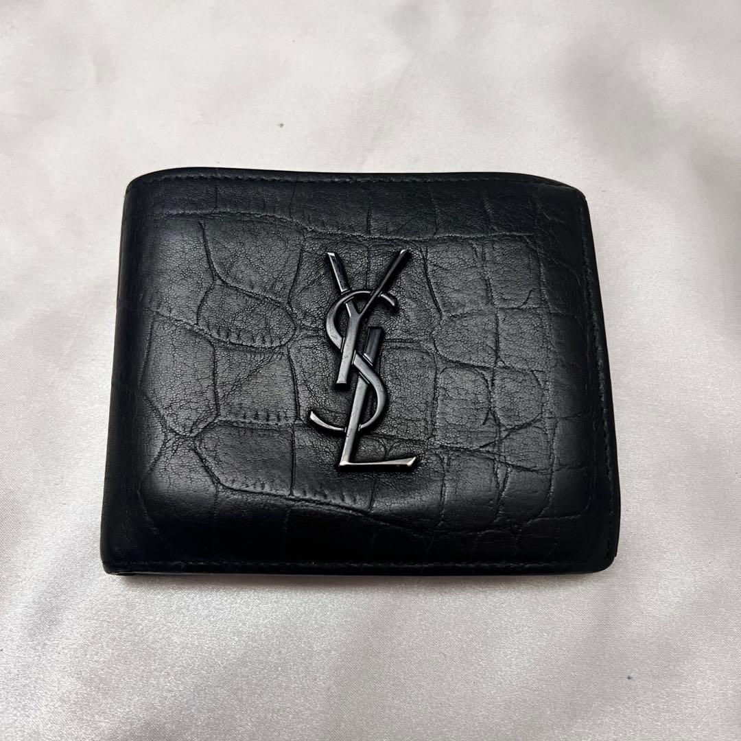 ◇美品◇サンローラン　クロコ型押し　バイフォールドウォレット　YSLロゴ　黒