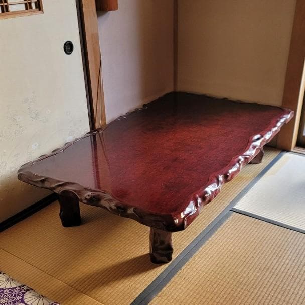 木製 赤褐色 艶 流線形座卓