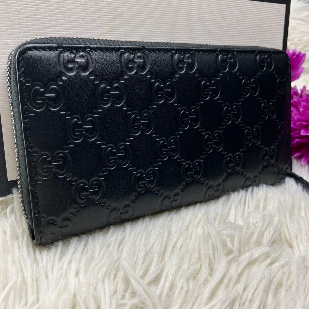 たく様⭐︎グッチ　長財布　ラウンドファスナー　GG柄　シマ　レザー　ブラック　黒