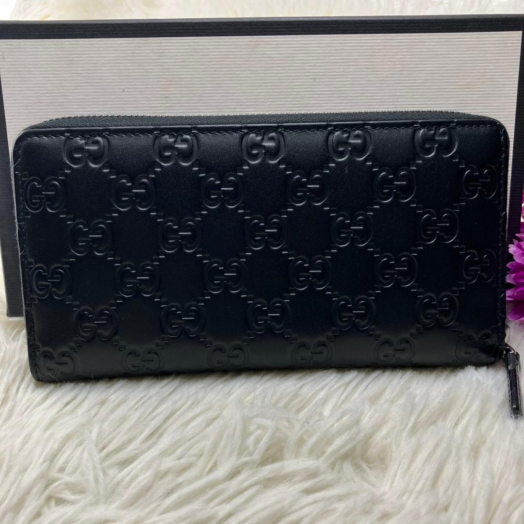 たく様⭐︎グッチ　長財布　ラウンドファスナー　GG柄　シマ　レザー　ブラック　黒