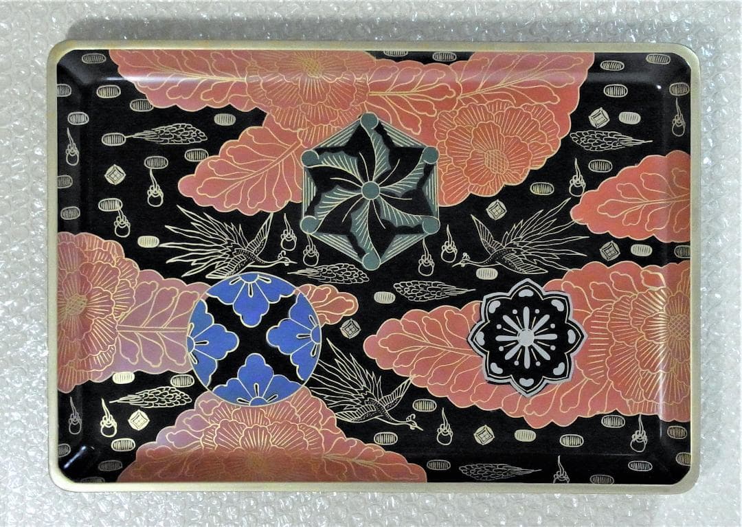 【未使用】金装飾＜黒＞13.0 皿形長手盆　錦絵　木製本漆塗　白木屋漆器店