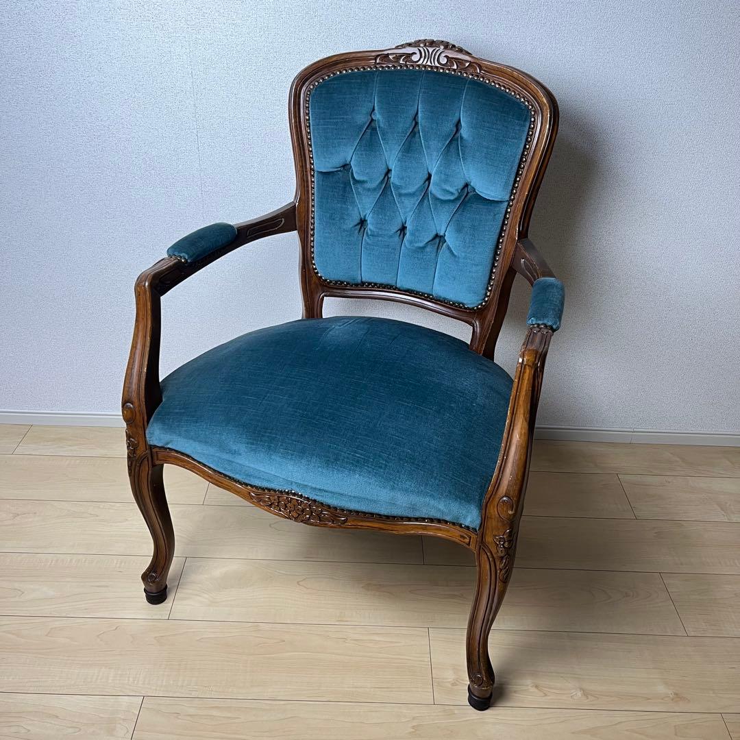 イギリス アンティーク 猫脚 肘掛け チェア コーデュロイ　ロココ調