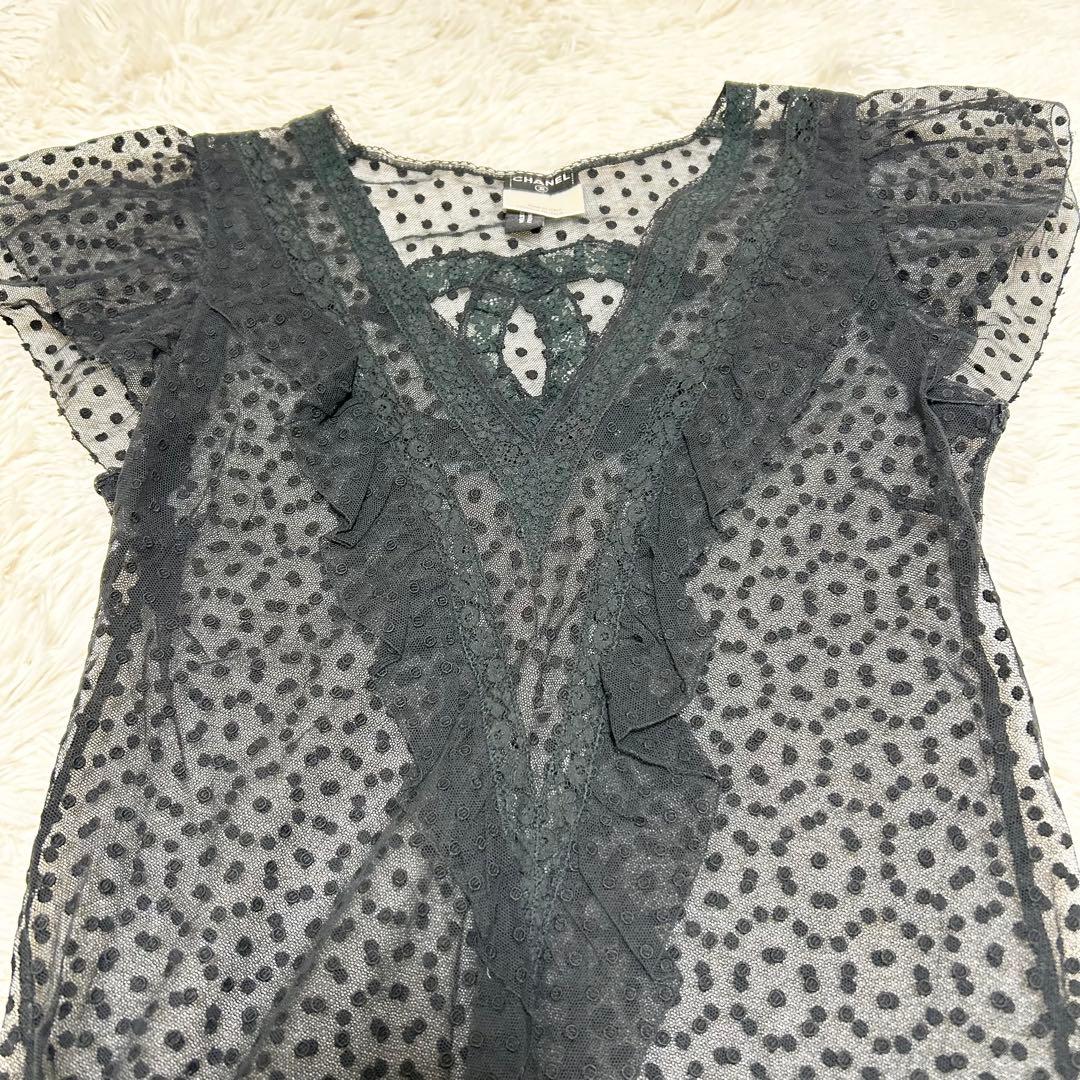 【美品】CHANEL シャネル ココマーク レース ブラウス 半袖 34