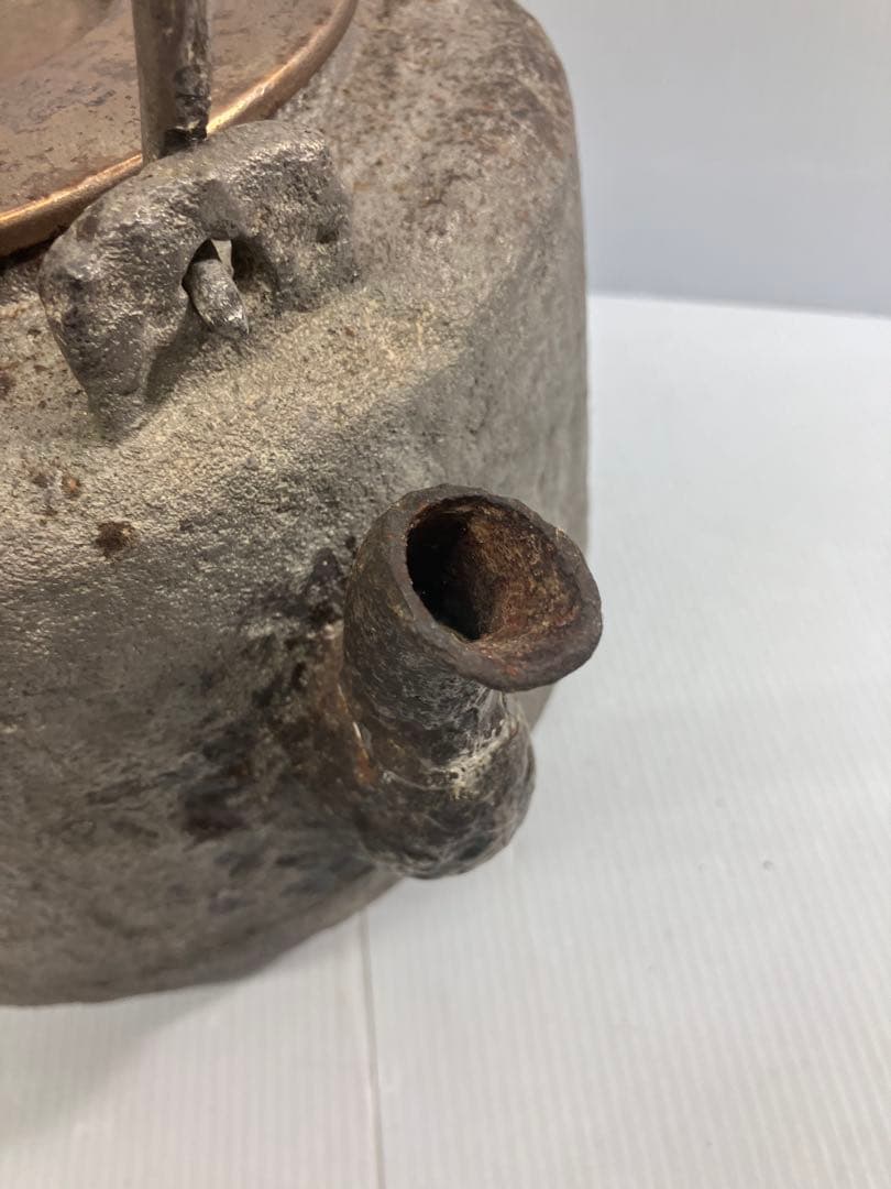 【時代物】青龍堂造鉄瓶 岩肌 銅蓋 京鉄瓶 煎茶道具 茶道具 骨董 アンティーク
