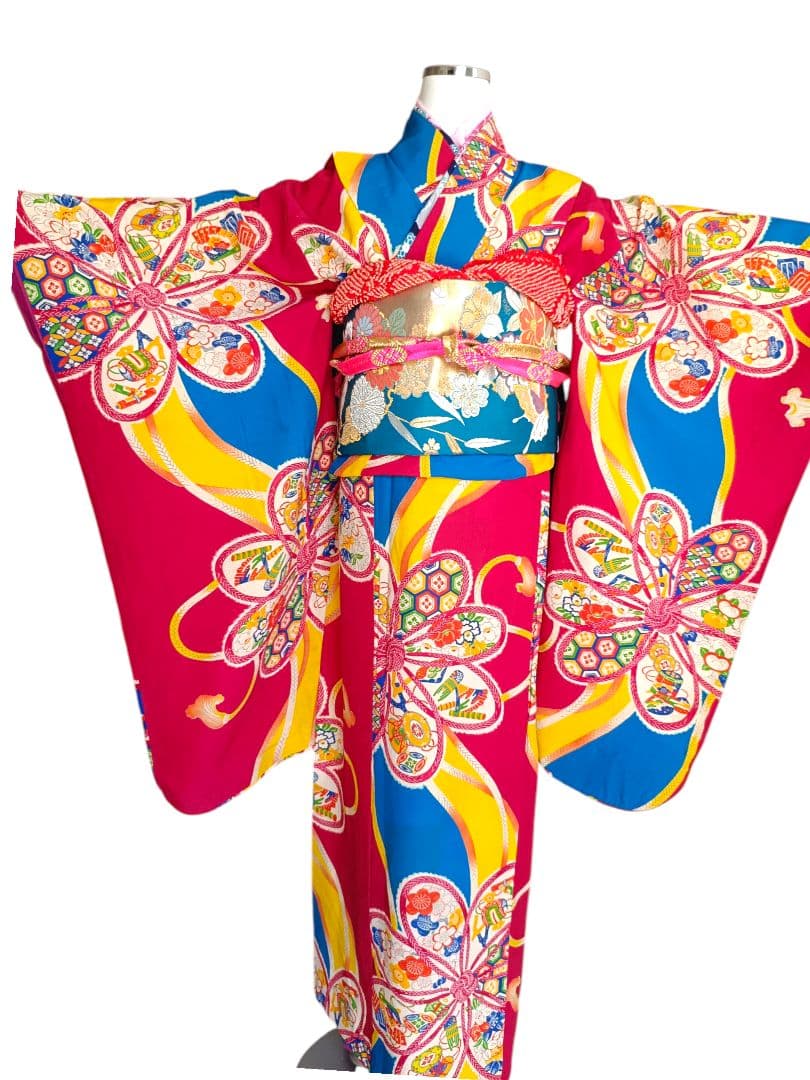 お値下げ中アンティークマゼンダピンクターコイズの着物と作り帯