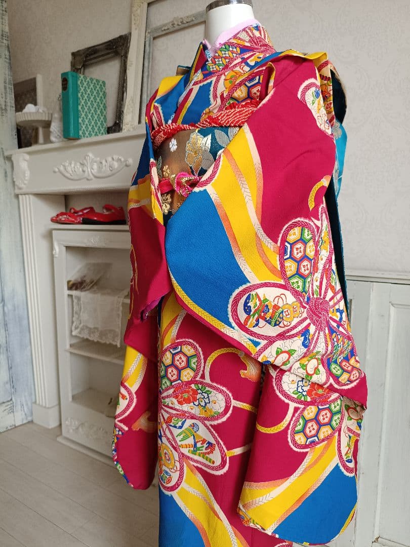 お値下げ中アンティークマゼンダピンクターコイズの着物と作り帯