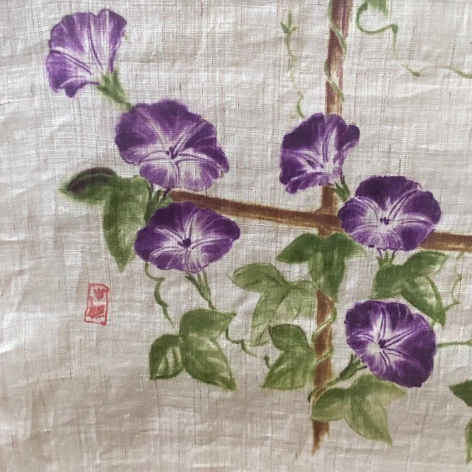 手描き麻暖簾【朝顔】手染 のれん 巾85×151cm　一点物　古布　アンティーク