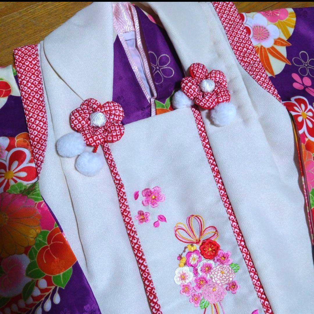 美品★3歳★白い被布＆紫花着物＆白草履小物