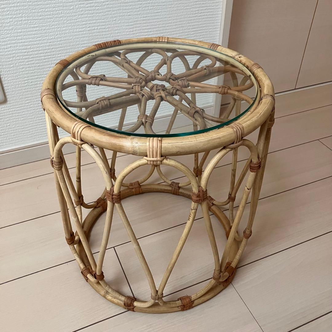 【美品】 JUGLAS (ユグラ)ラウンドサイドテーブル ラタン 籐