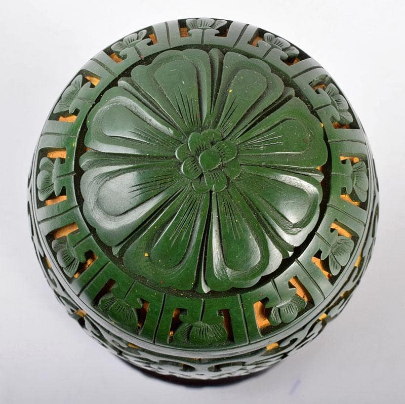 中国　堆緑　堆黄　蓋瓶　唐木台付　G　R5812