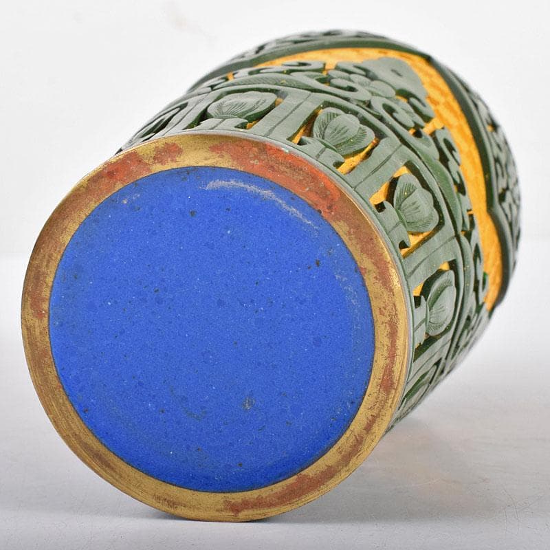 中国　堆緑　堆黄　蓋瓶　唐木台付　G　R5812