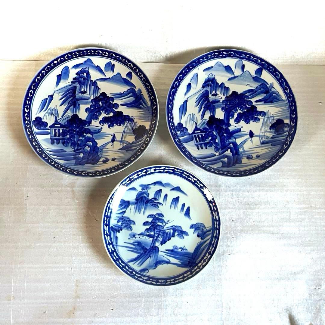 アンティーク　特大　大皿　古伊万里　染付　3枚セット　江戸時代　刻印　謙