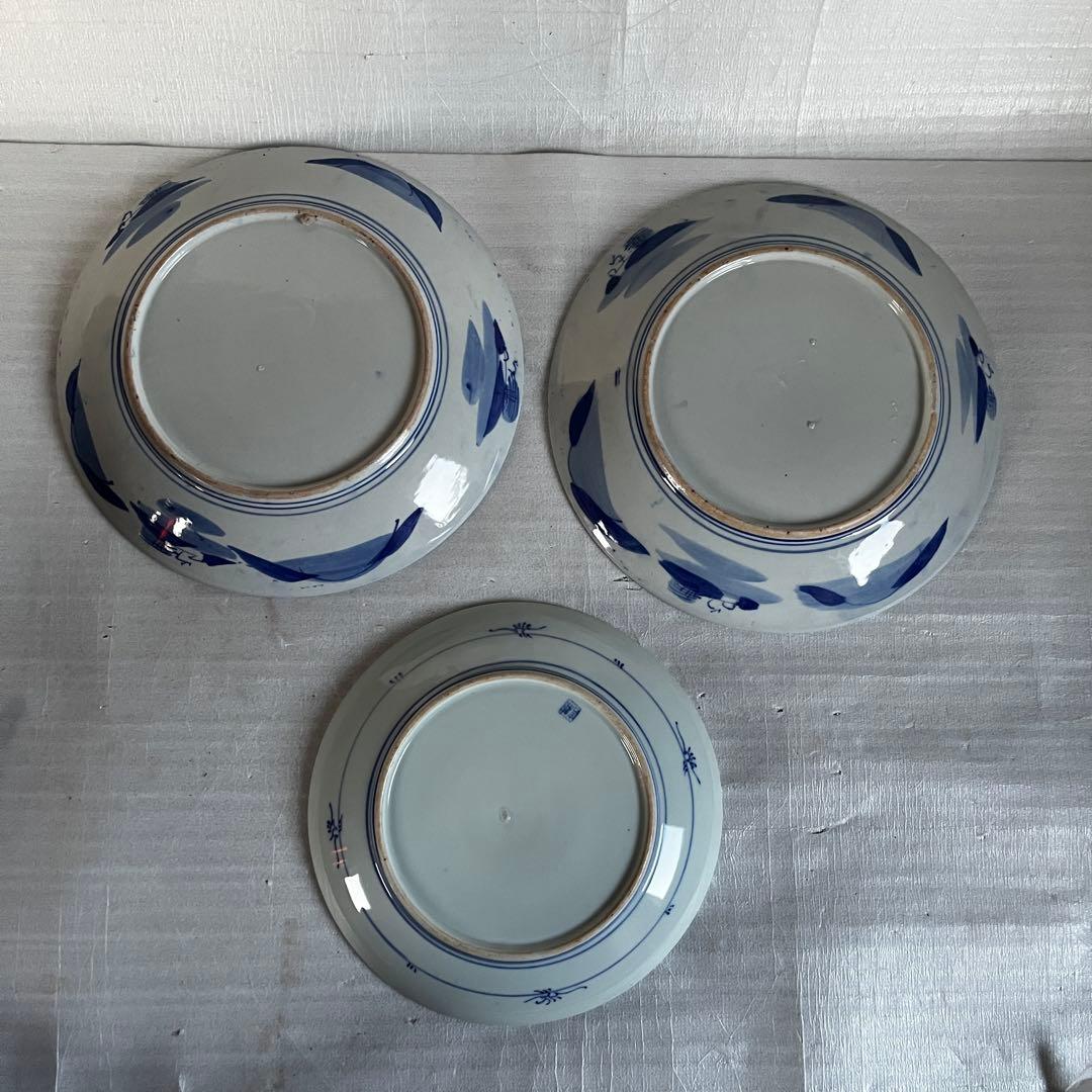 アンティーク　特大　大皿　古伊万里　染付　3枚セット　江戸時代　刻印　謙