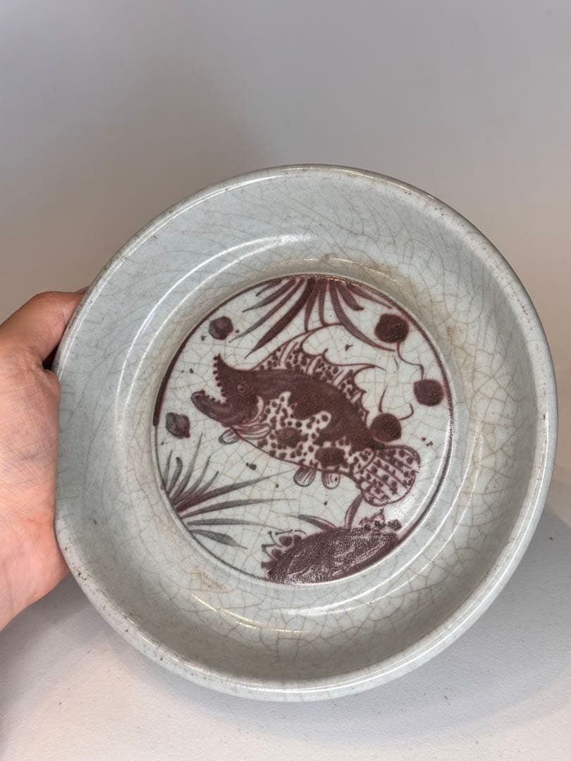 明代　釉裏紅　魚文　「天」字底款　時代物　胎厚　盤　筆洗　古陶磁