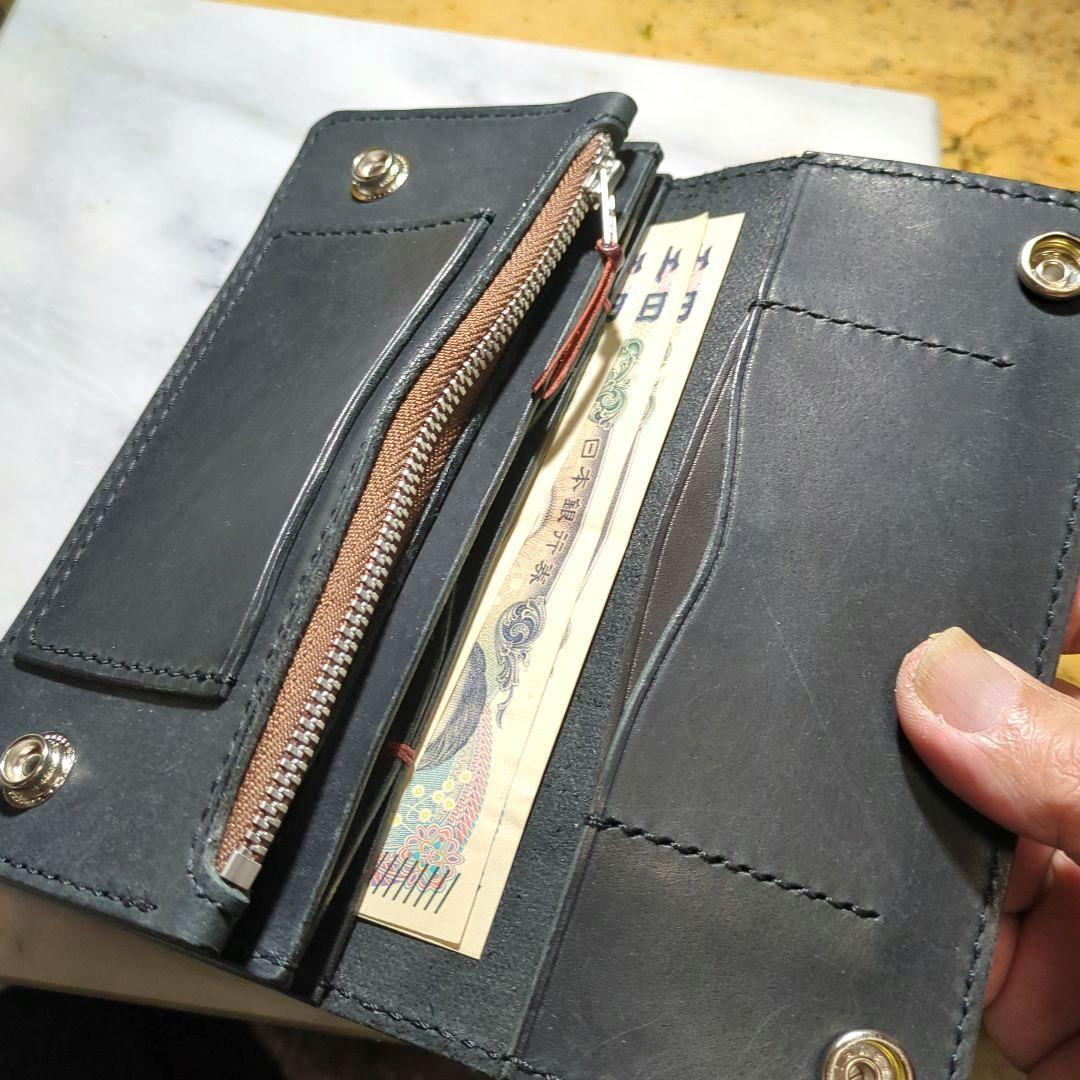 オイルヌメ革 トラッカーウォレット ハンドメイド 長財布 ロングウォレット 黒