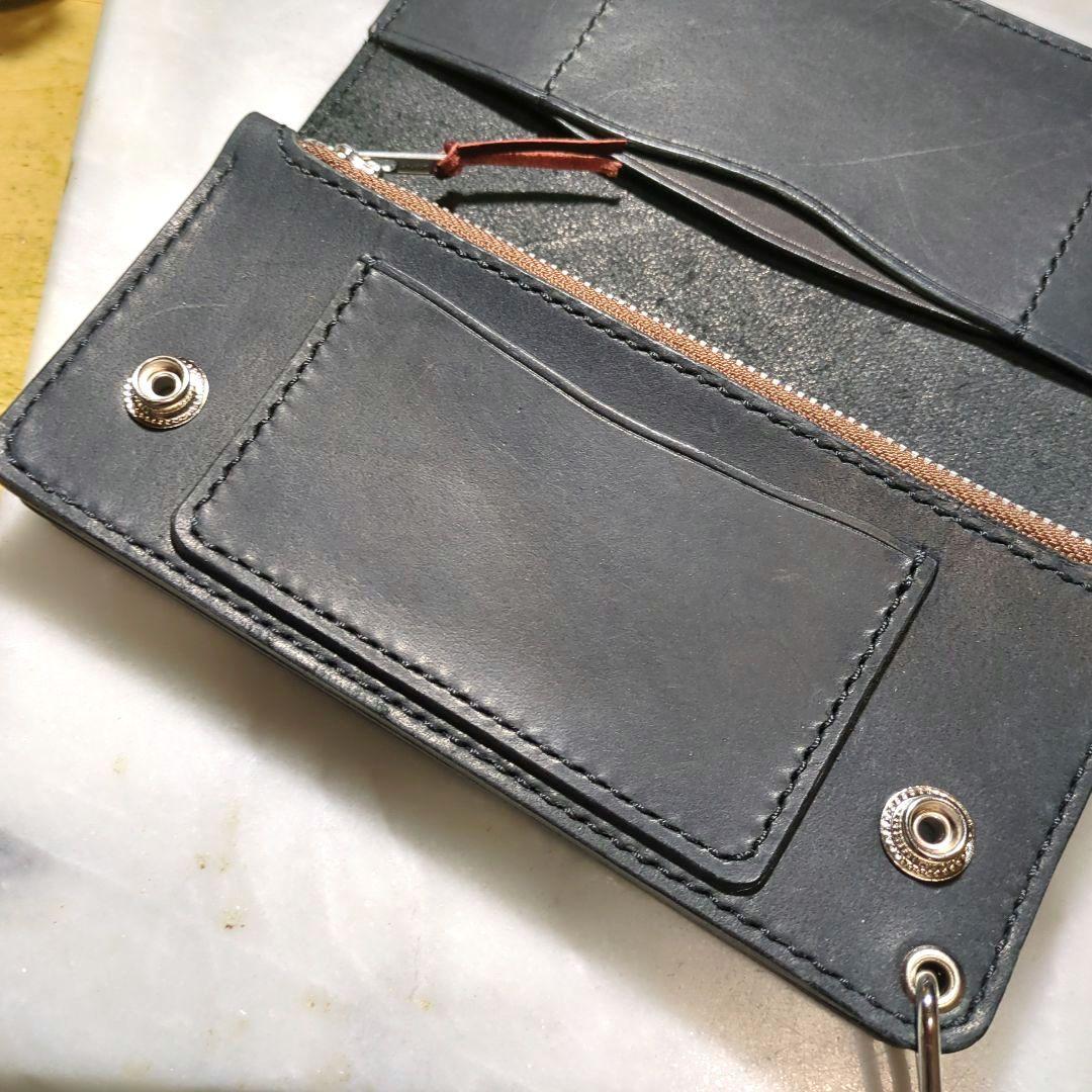 オイルヌメ革 トラッカーウォレット ハンドメイド 長財布 ロングウォレット 黒