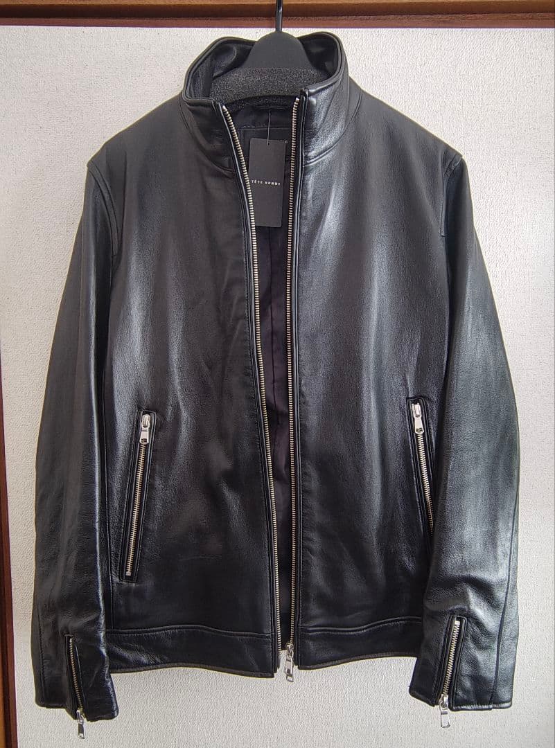 【TETE HOMME】ラムレザーシングルライダースジャケット　レザーブルゾン