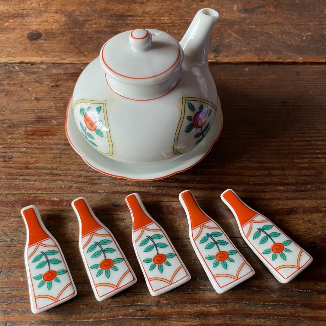 蒙古焼 藍窯 木棚付 中鉢 小皿 箸置 各5客 醤油差し1客セット新品 未使用