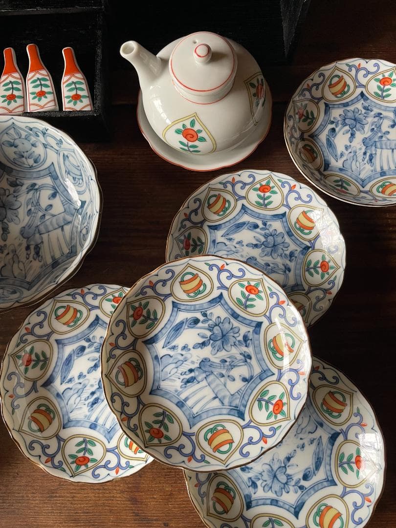 蒙古焼 藍窯 木棚付 中鉢 小皿 箸置 各5客 醤油差し1客セット新品 未使用