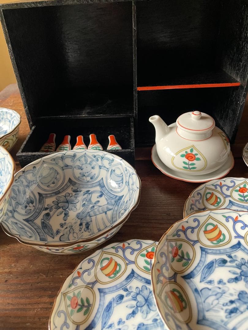 蒙古焼 藍窯 木棚付 中鉢 小皿 箸置 各5客 醤油差し1客セット新品 未使用