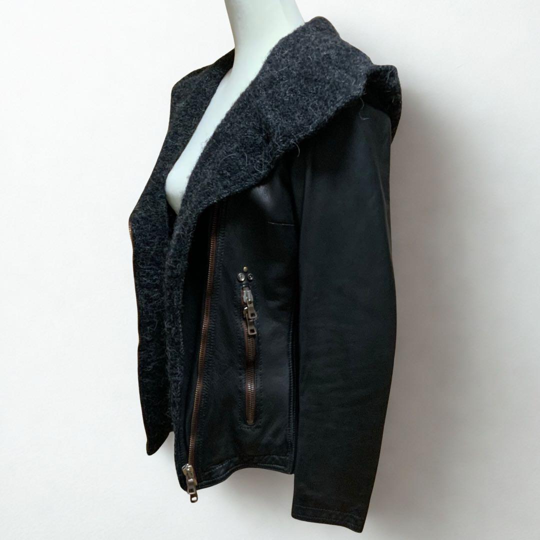 Delan デラン 黒レザージャケット フード セーターのような裏地 イタリア製