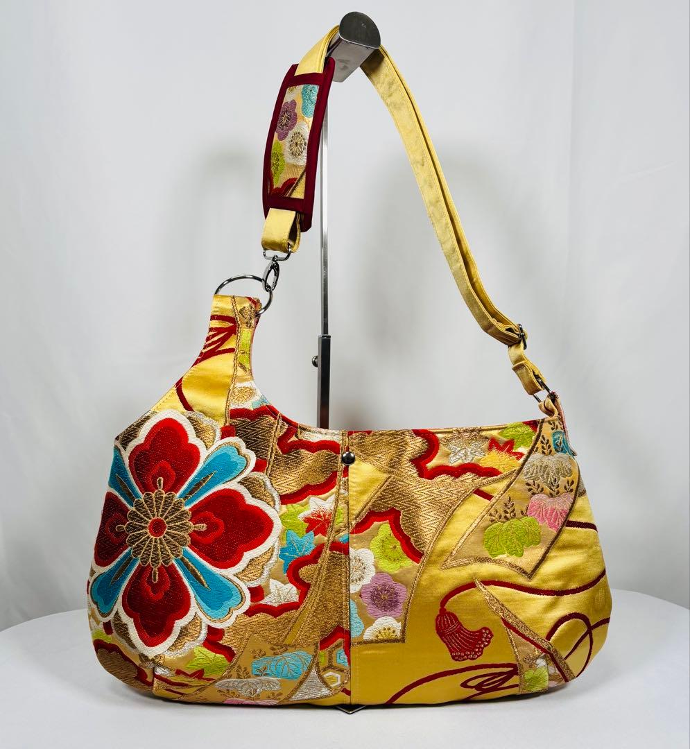 帯バッグリメイク　772番アシンメトリーBIGリバーシブル(肩あて飾り付き)