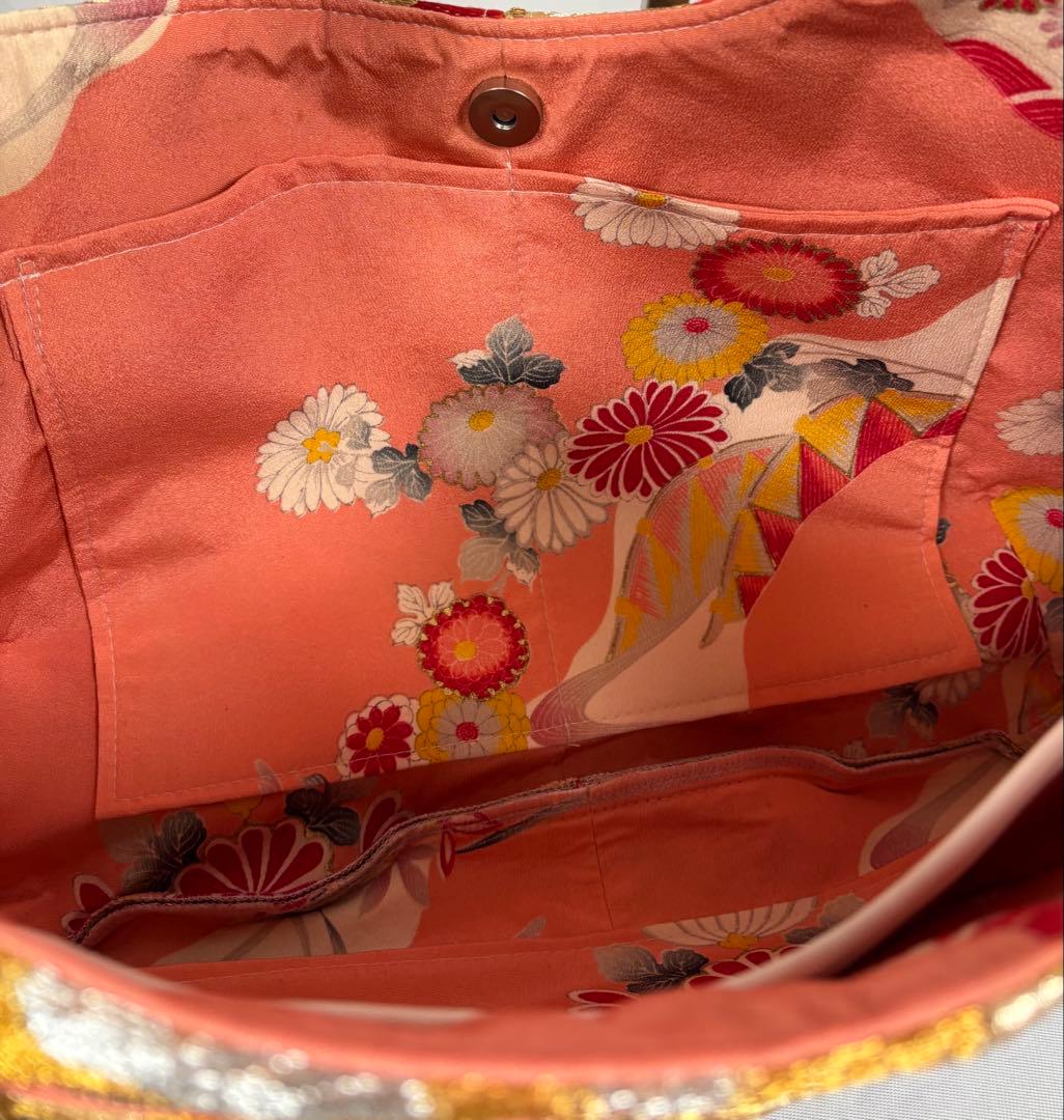 帯バッグリメイク　772番アシンメトリーBIGリバーシブル(肩あて飾り付き)