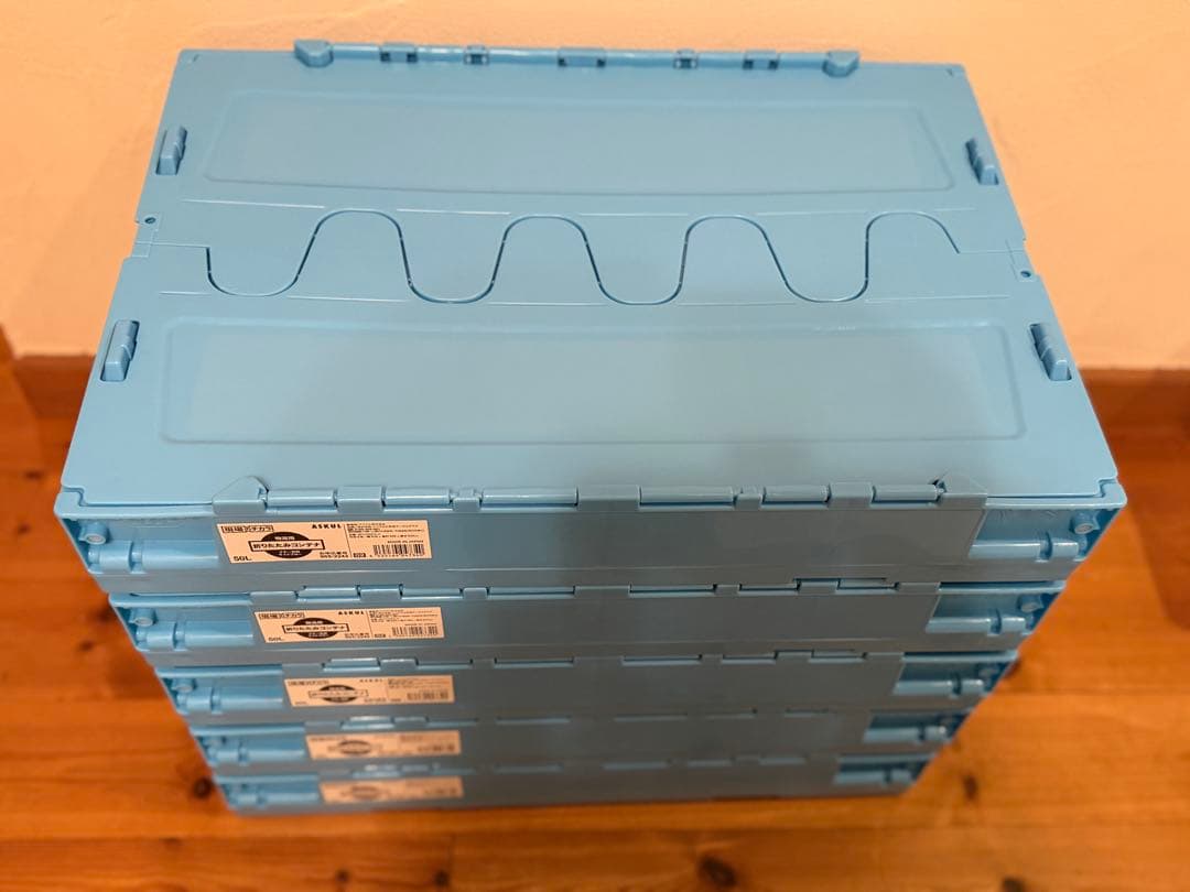 アスクル 現場のチカラ 折りたたみコンテナ フタ一体型ライトブルー50L 5個