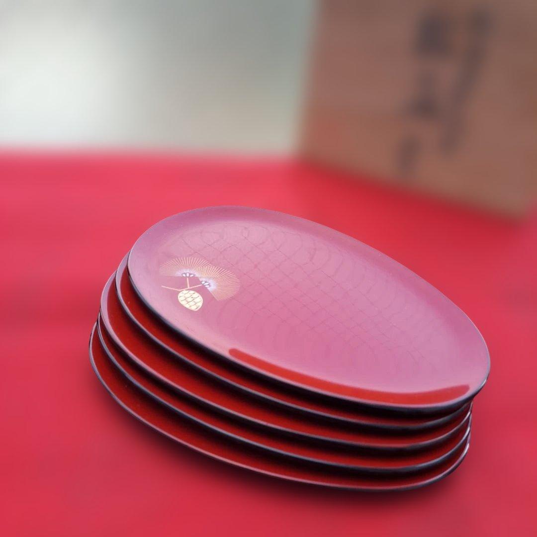 【輪島塗　卵形\"銘々皿×5客】布着本堅地　沈金師/福久勝利作　未使用品