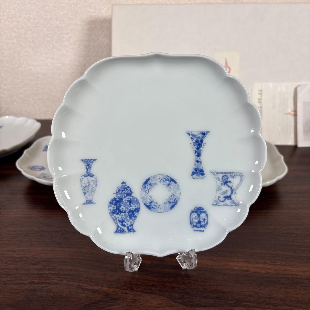 【未使用】深川製磁 ブルーチャイナ 菊中 サービス揃 5枚