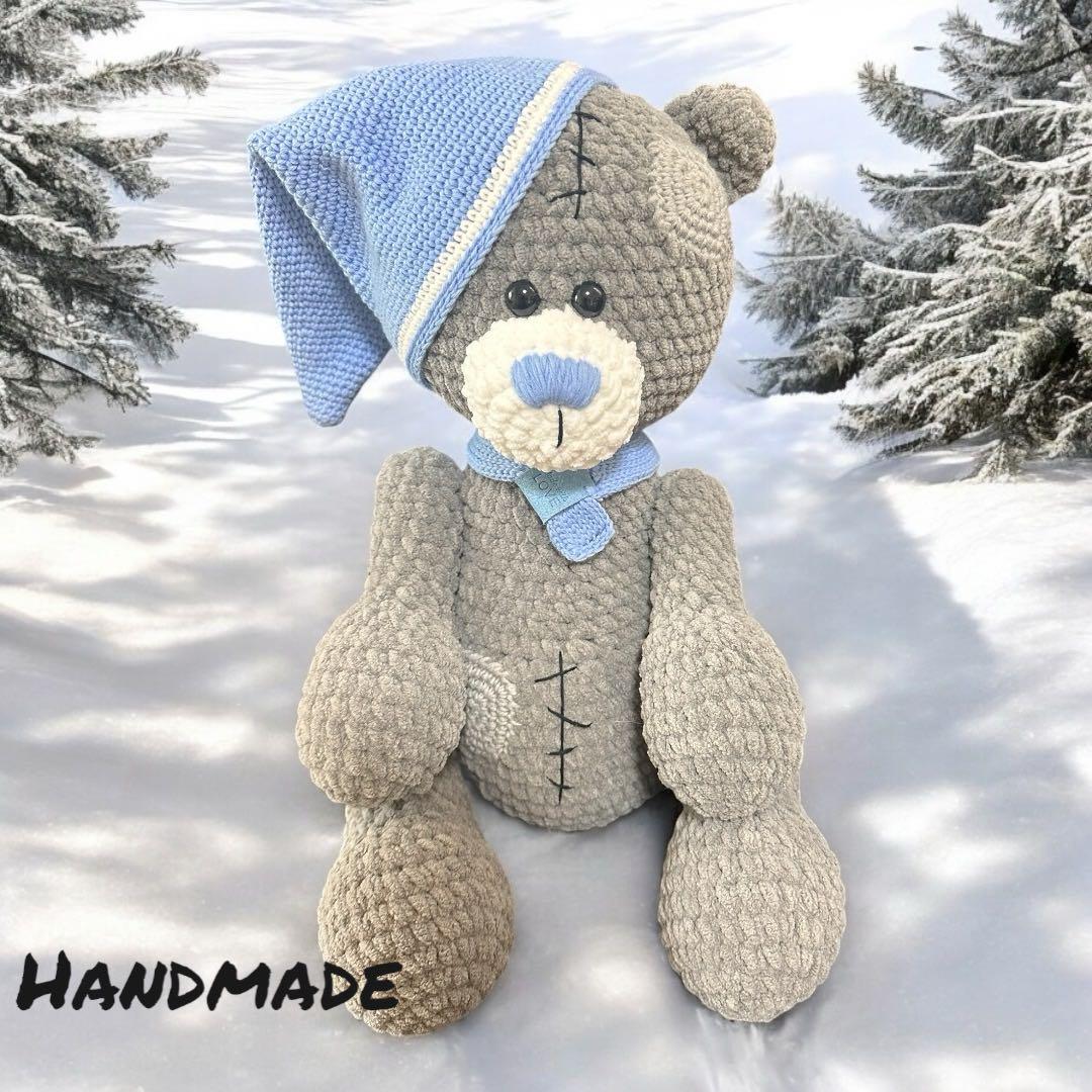 テディベア　水色の帽子とマフラーの手編みぬいぐるみ 40cm