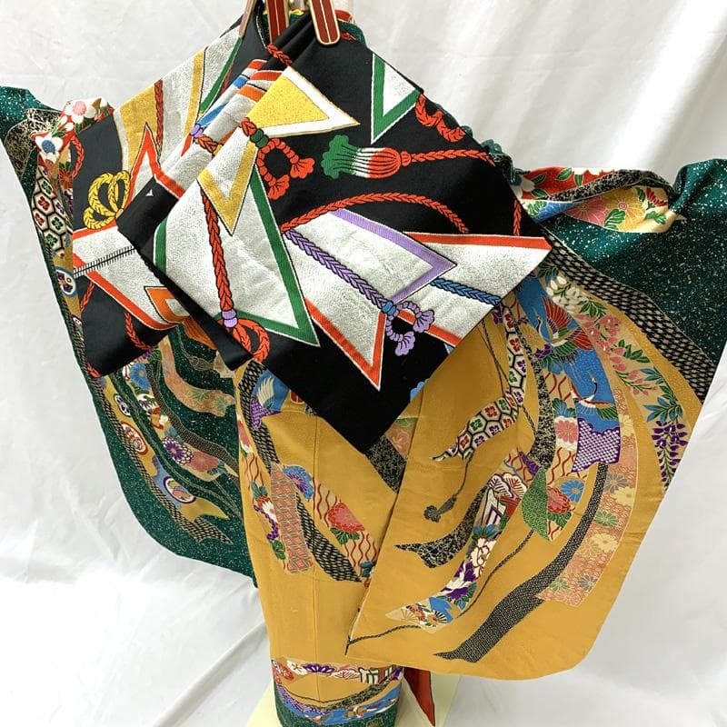 511ag80□七五三 七歳 女児 着物&袋帯 金彩 束ね熨斗 緑山吹色□美品
