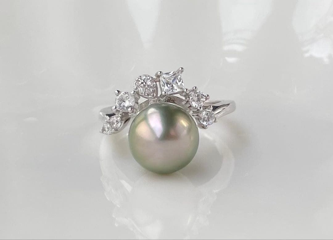 黒蝶真珠 タヒチ 南洋パール 月冠 リング 指輪 s925 ラウンド