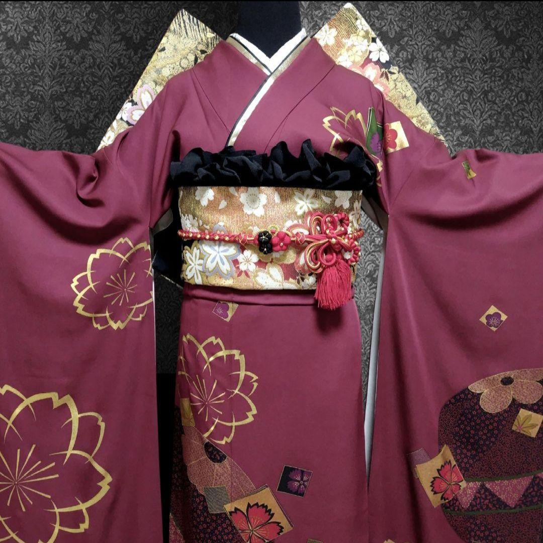 新品未使用！振袖フルセット(7点)・成人式・古典柄・金彩加工・色紙花鞠文・正絹