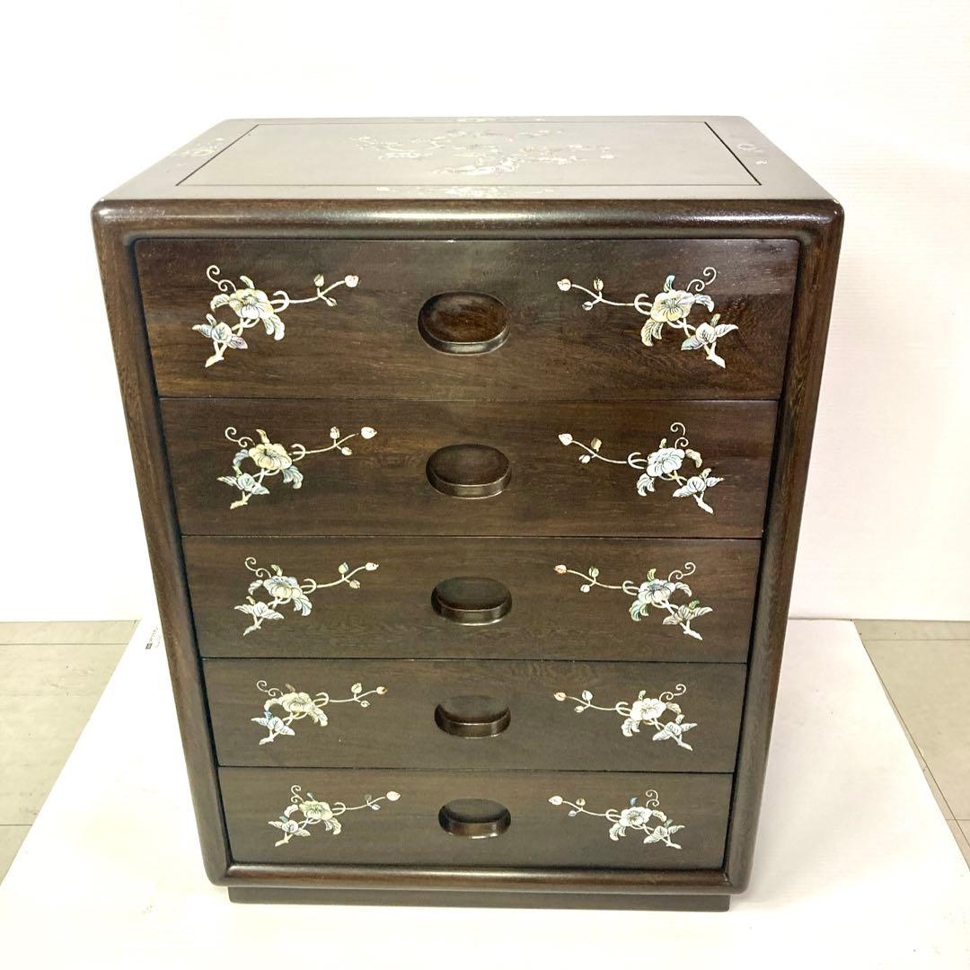 【良品】骨董品 チェスト 木製 小物入れ 螺鈿細工 5段 タンス 箪笥