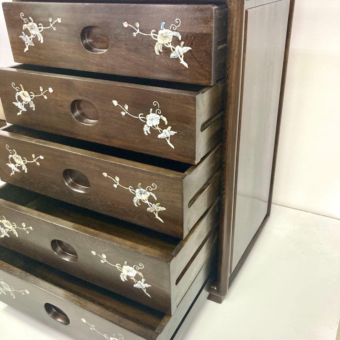 【良品】骨董品 チェスト 木製 小物入れ 螺鈿細工 5段 タンス 箪笥