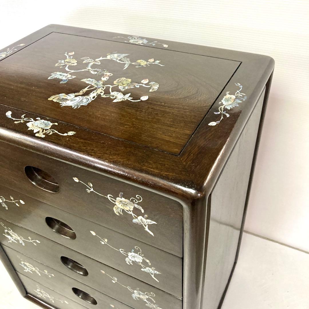 【良品】骨董品 チェスト 木製 小物入れ 螺鈿細工 5段 タンス 箪笥
