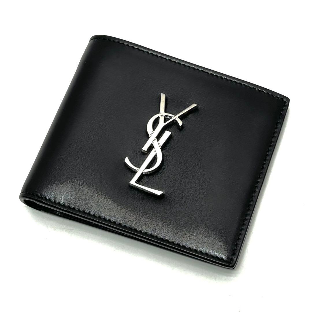 未使用 サンローランパリ 札入れ コンパクトウォレット YSLロゴ シルバー 黒