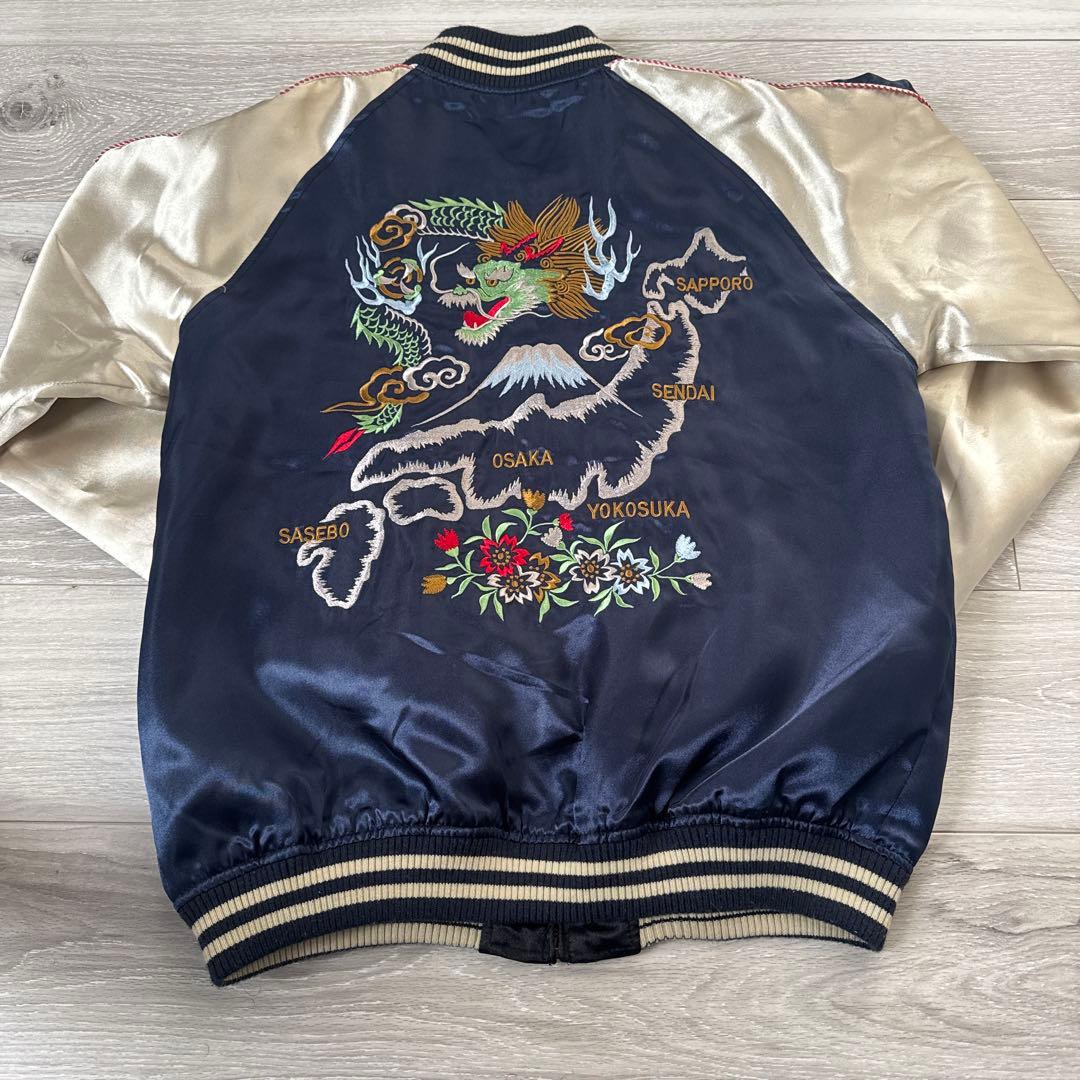 ドラゴン刺繍 スカジャン ネイビー/シルバー 佐藤正 リバーシブル