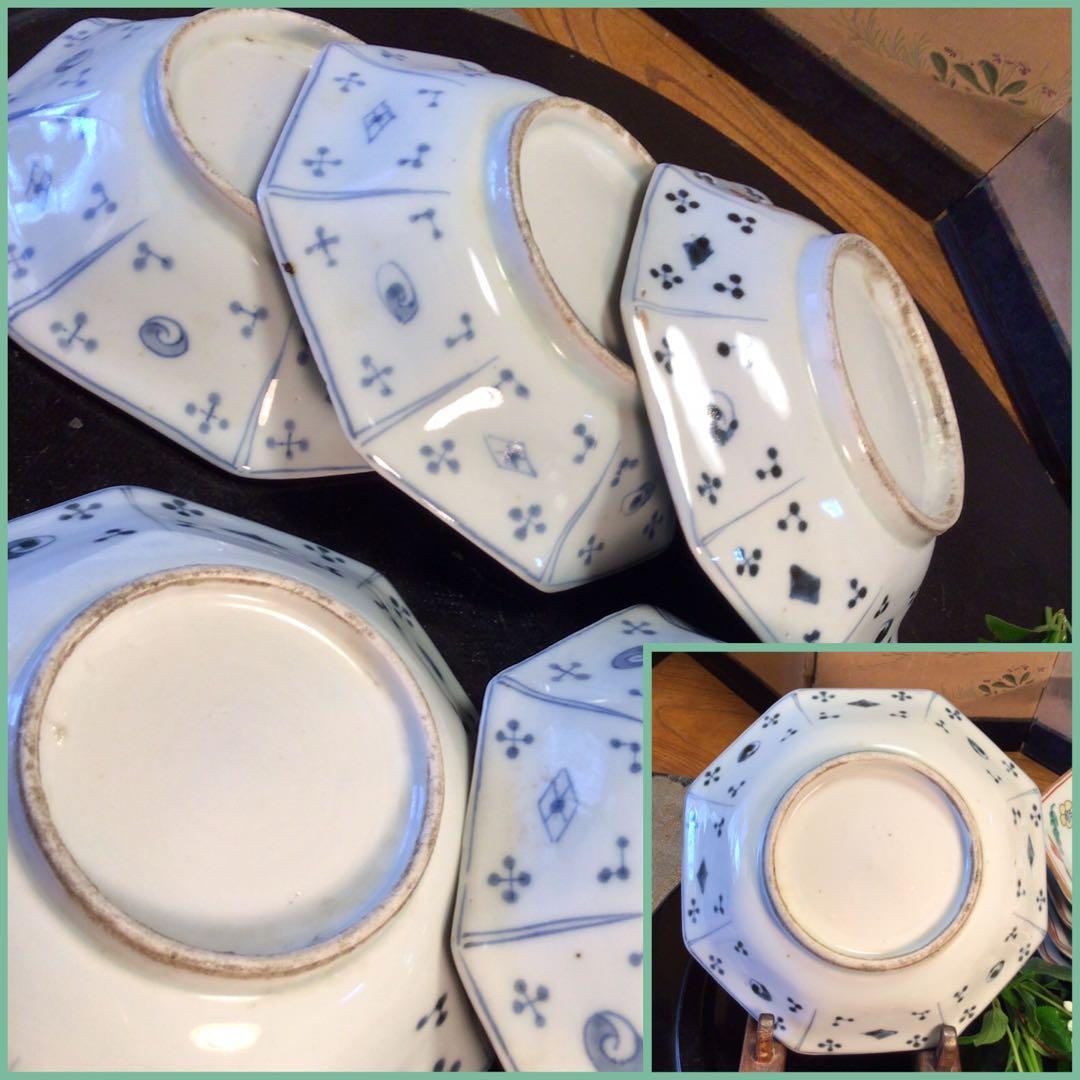 A664 古伊万里　錦手　金魚紋様　金縁　8角皿　　5枚　　zawa❣️