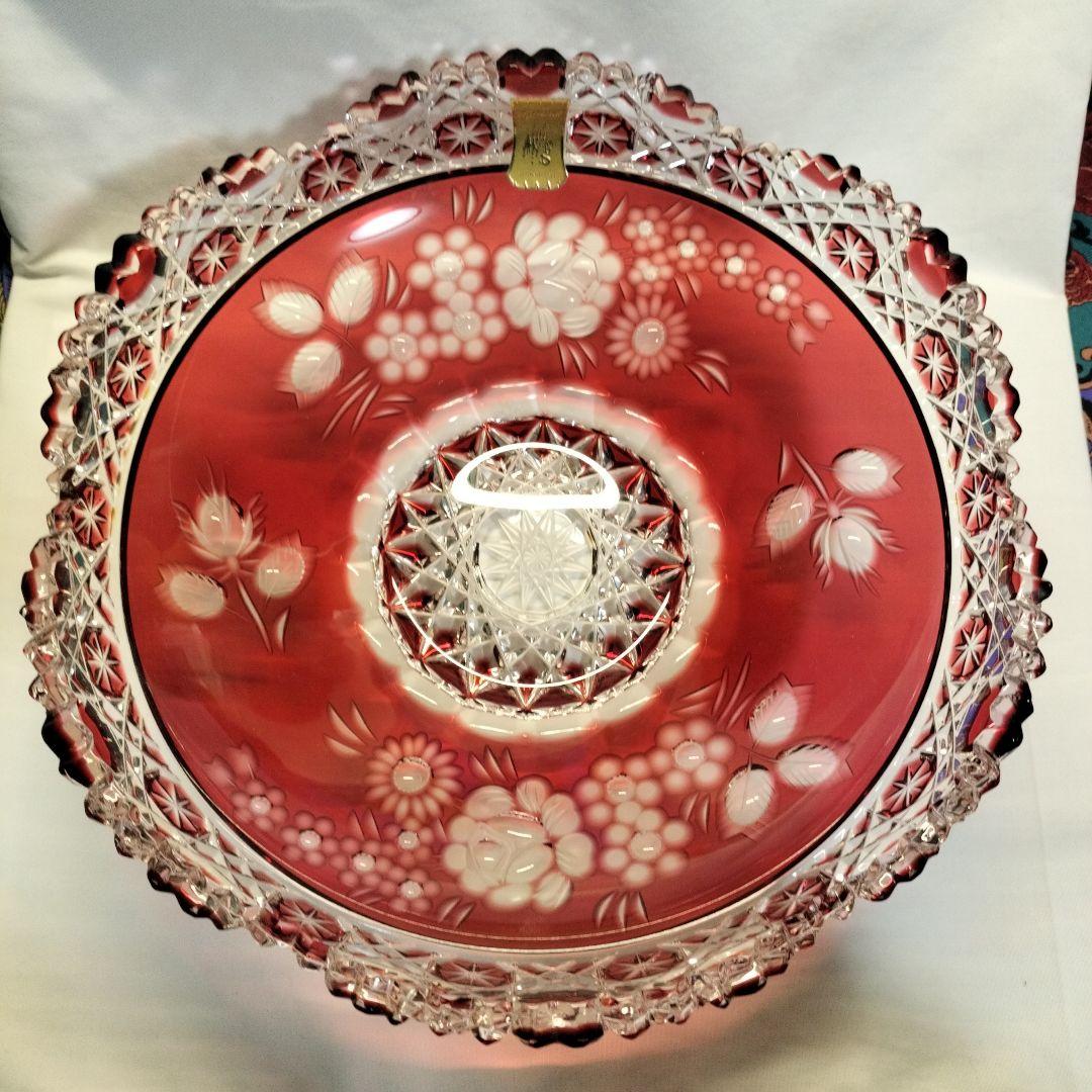 マイセンクリスタル ボール25cm 赤被せ バラ