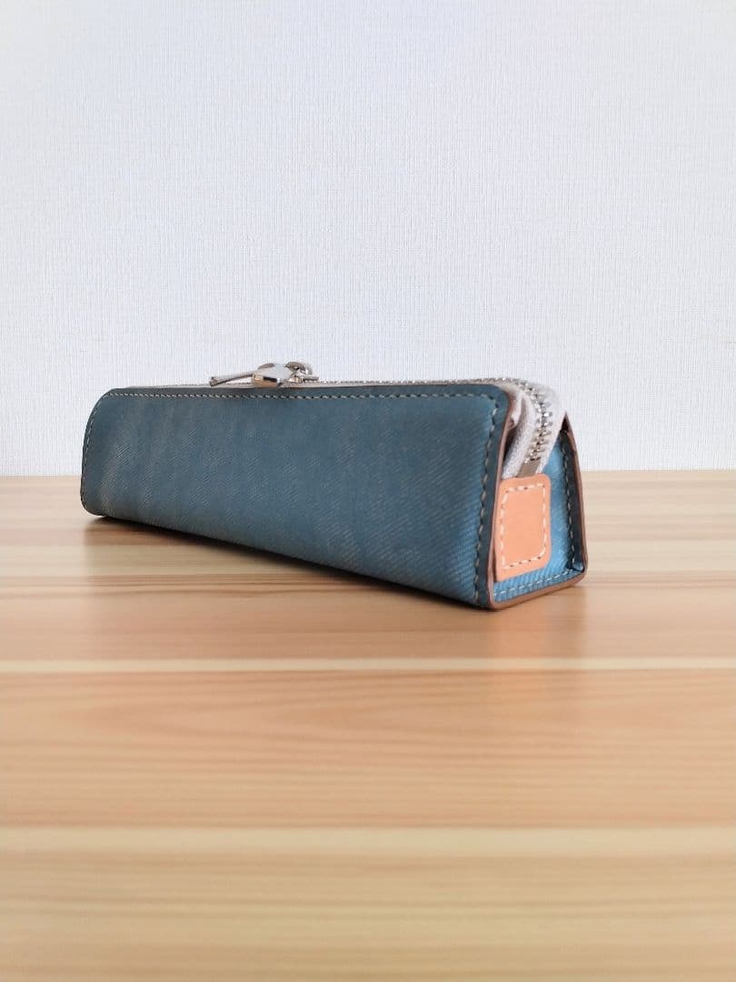ペンケース　瀬戸内レザー(薄藍)　牛タンニン革　インディゴ染め　デニム柄