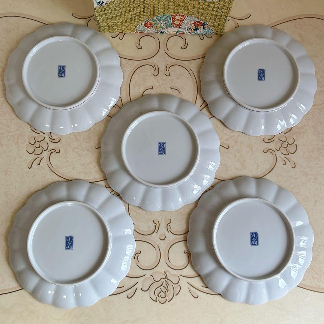 有田焼　陶扇　菊割皿　5枚セット　錦絵　中皿　和皿　金彩色絵　赤絵 古伊万里